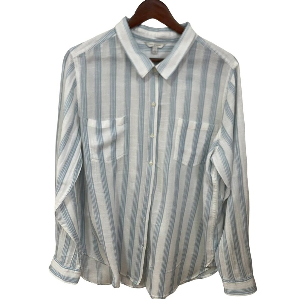 Lucky Brand Blue White Striped Button-Down Shirt XL Cotton Modal Soft Beachy